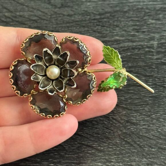Vintage Juliana‎ Smokey Topaz Flower Brooch Pin Gold Tone - Picture 4 of 4